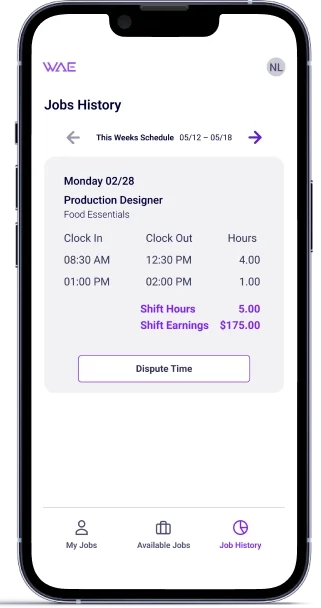 Inside the WAE app, you can view your job history including employers and shift information.